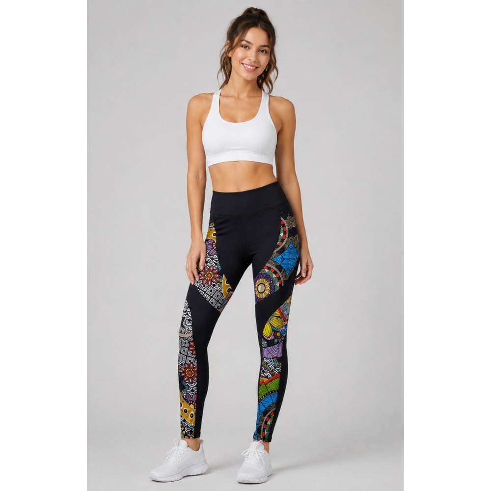 Yoga Evo Leggings Women Small Black Tribal Print Polyester High Rise Full Length